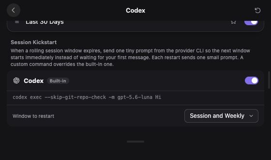 Session Kickstart enabled for Codex, with a built-in command and Session and Weekly selected